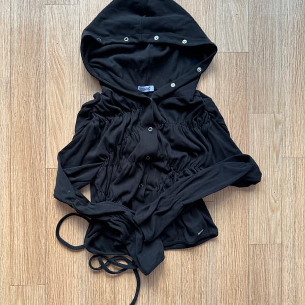 CERRIC SHIRRING WRAP HOOD CARDIGAN