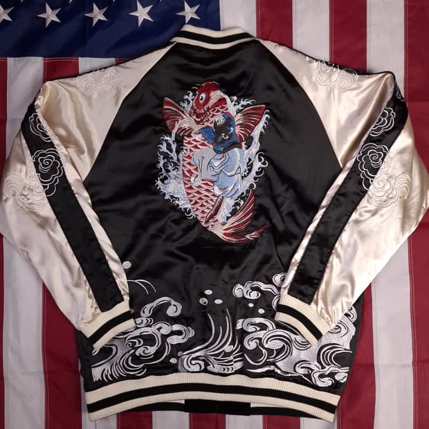 빈티지 벨벳 리버서블 잉어,용 자수 스카잔