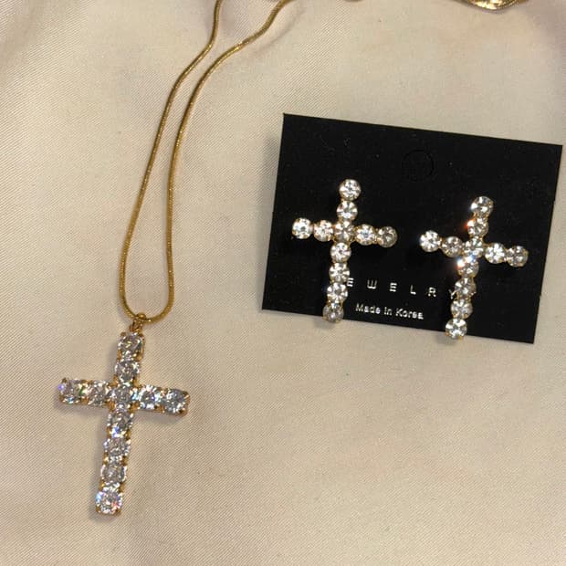 오네갸루 십자가 큐빅 목걸이 귀걸이 세트 빈티지 y2k