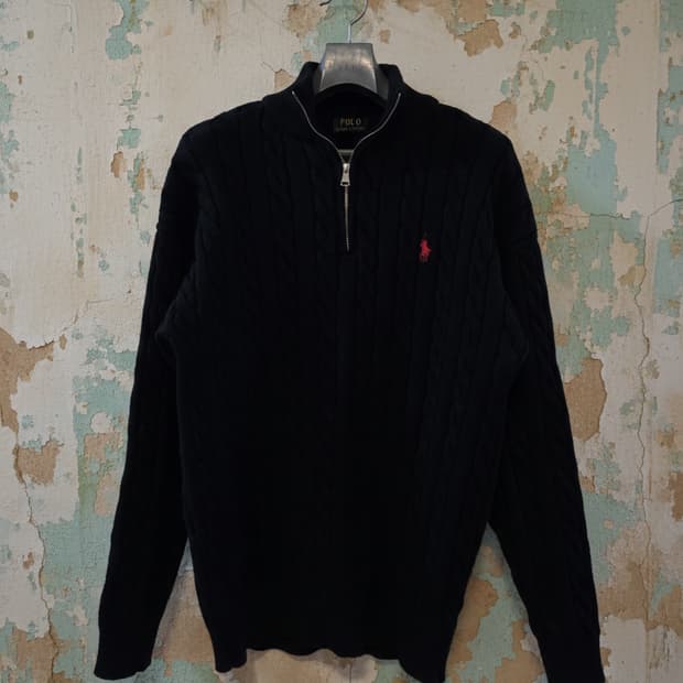 폴로 랄프로렌 케이블 니트 반집업 블랙 L