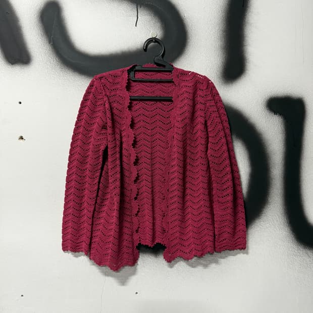 VTG 빈티지 레드 크로쉐 펀칭 오픈 가디건