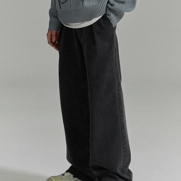 Banding One Tuck Wide Denim Pants - Blac