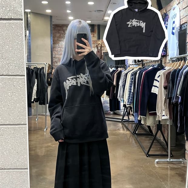 스투시 스탁 자수 로고 후드티 블랙 M #csz4152