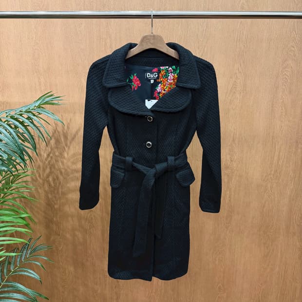 돌체앤가바나 트렌치 코트 플랩 카라 플로럴 프린팅 안감 디테일 블랙