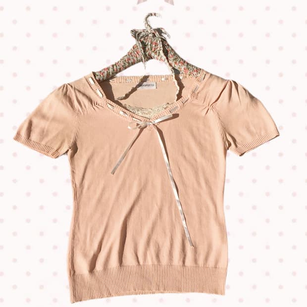 로디스포토 리본 레이스 코랄핑크 썸머 반팔 니트