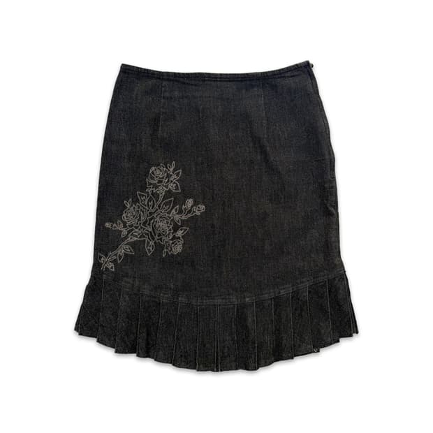 빈티지 L'est rose 블랙 데님 자수 플리츠 미디 스커트