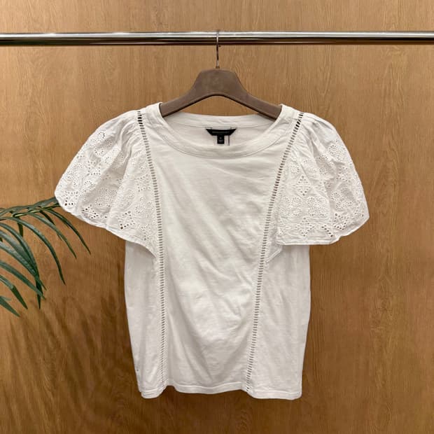 바나나 리퍼블릭 자수 퍼프 슬리브 반팔 티셔츠 코튼 블라우스 화이트