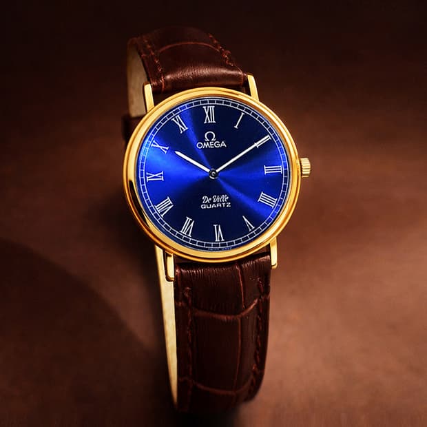 오메가 블루 로만 다이얼 18K 금 도금 남녀공용 쿼츠 시계