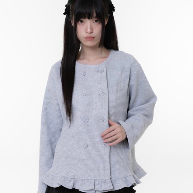나이엔 naaieen 더블버튼 프릴 가디건 그레이