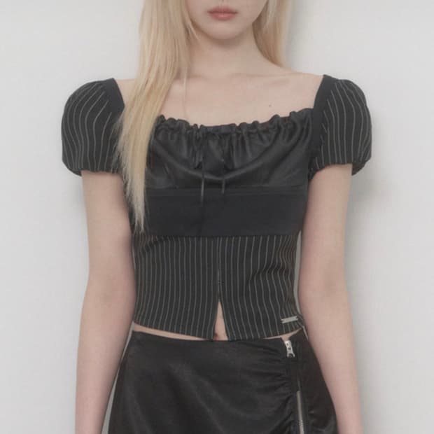 에트오소메 스트라이프 레이스 퍼프 탑