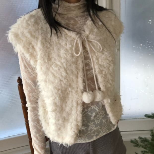 vintage 엔젤 링 폼폼  퍼 가디건 (ivory)