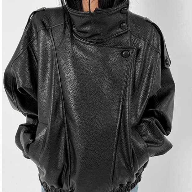 루프온 하이넥 레더자켓