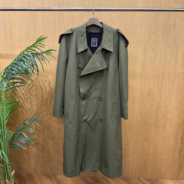 크리스찬 디올 트렌치 롱 코트 더블 브레스티드 견장 버튼 디테일 카키