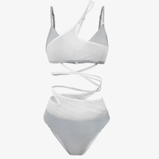 OJOS오호스 레이어드 메쉬 스트랩 비키니 그레이화이트스윔수트모노수영복