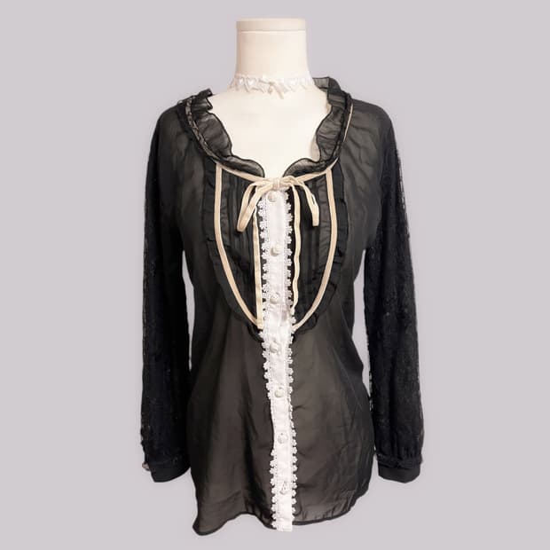 일본 히메갸루 엑시즈팜 axes femme 블랙 시스루 리본 블라우스