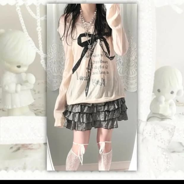 파뮤 빈티지 러블리 롱슬리브 리본 프린팅 티셔츠