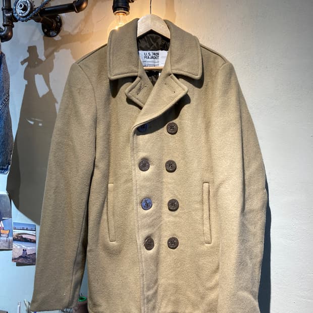 USA SCHOTT NYC 베이지 해군 단추 디테일 더플 미디 누빔 자켓