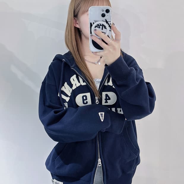 후아유 네이비 빅로고 투웨이 후드집업