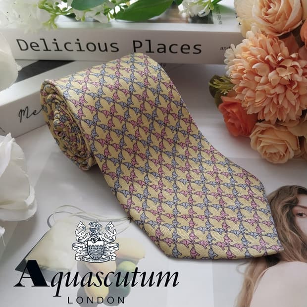 아쿠아스큐텀 실크 레몬 코끼리 패턴 넥타이 8.6cm A등급 K2310