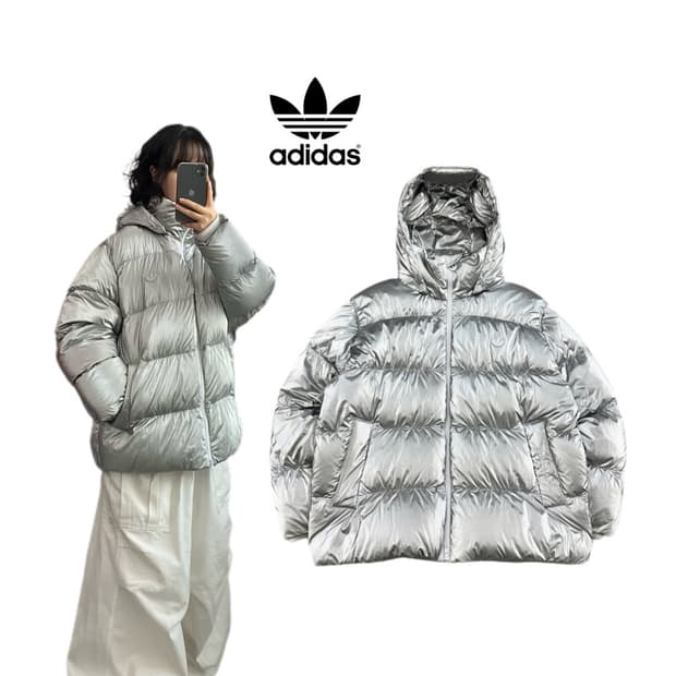 아디다스 메탈 실버 파이어버드 푸퍼 덕다운 숏 패딩