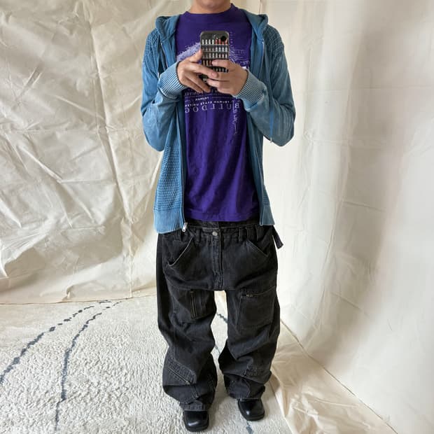 Indigo Mixed Mesh Knit Zip-up hoodie