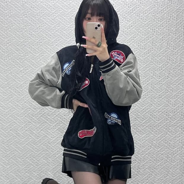 리크웨어 베스킷볼 키치 자수 패치워크 바시티자켓 L C12434