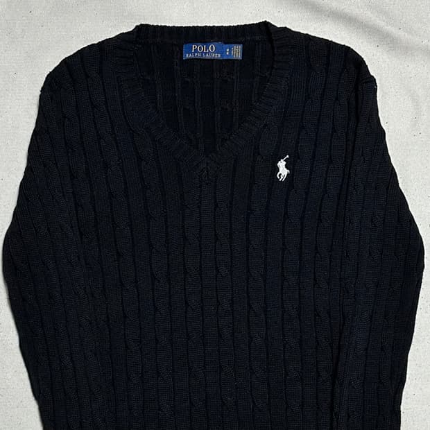M 폴로랄프로렌 여성용 블랙 브이넥 케이블 니트