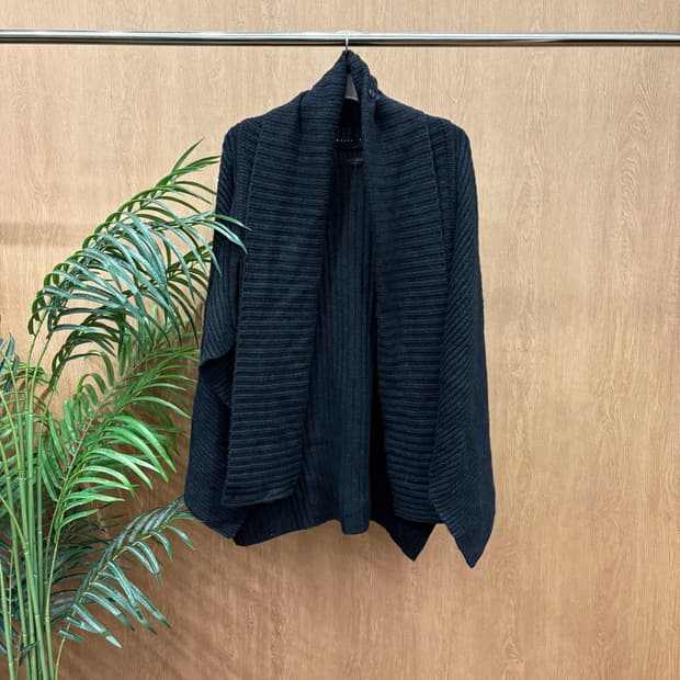 올세인츠 긴팔 니트 가디건 오픈 프론트 드레이프 립 조직 디테일 블랙