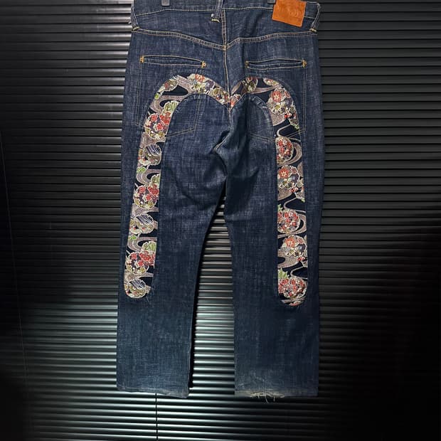 에비수 EVISU 한야 용 일본 재팬 진청 데님 연꽃 타투 와이드 35