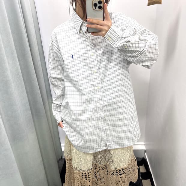 랄프로렌 화이트 블루 체크 코튼셔츠