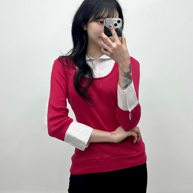 Burberry 런던라벨 셔츠 레이어드 핑크 니트