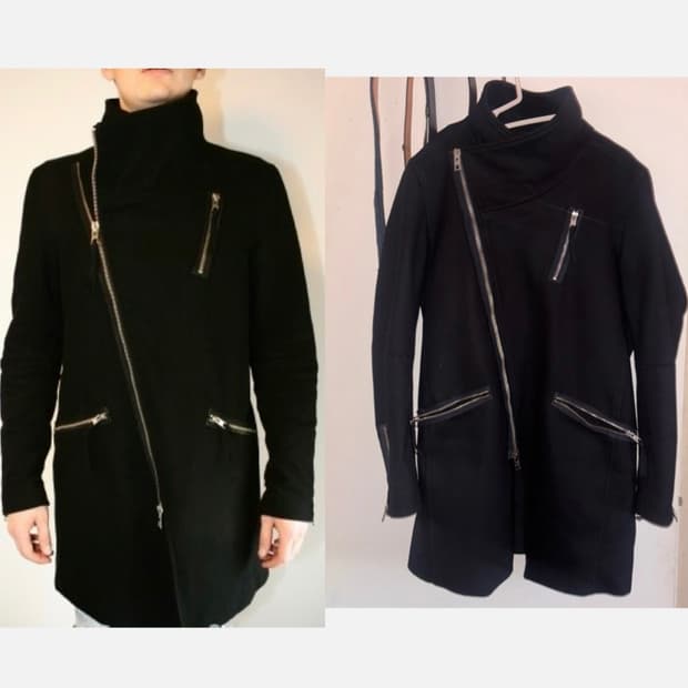 올세인츠 하이넥 사선 지퍼 라이더 코트