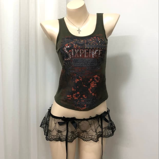 red grunge print khaki sleeveless