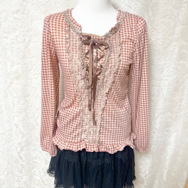 엑시즈팜 깅엄체크 블라우스