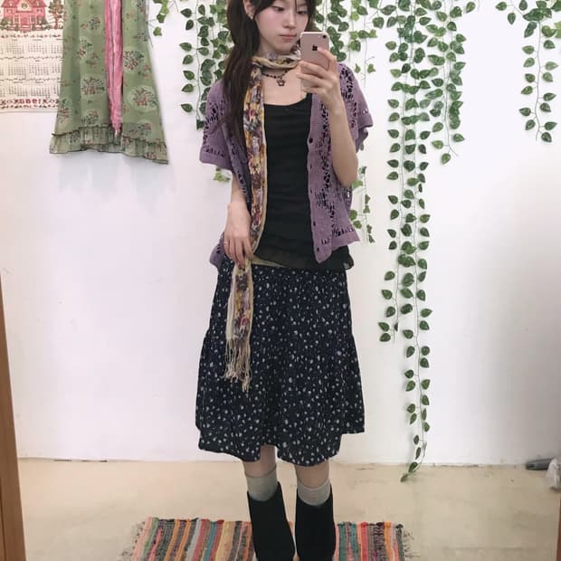 빈티지 퍼플 블랙 잔꽃 소녀 데일리 히피 코디 세트