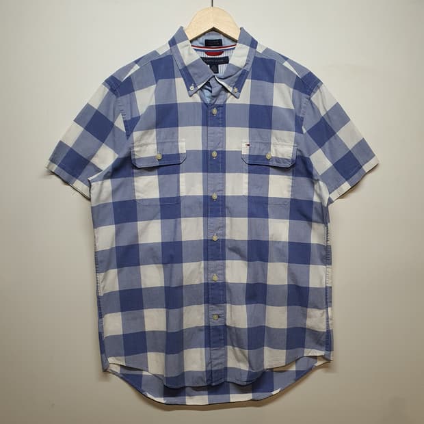 타미힐피거 블루 체크 반팔 셔츠