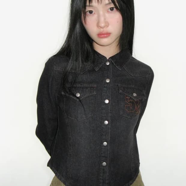 아메스 월드와이드 3/4 슬리브 데님 셔츠 블랙
