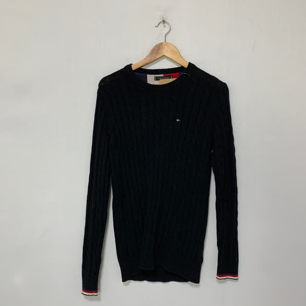 타미힐피거 빈티지 블랙 케이블 꽈배기 니트 스웨터