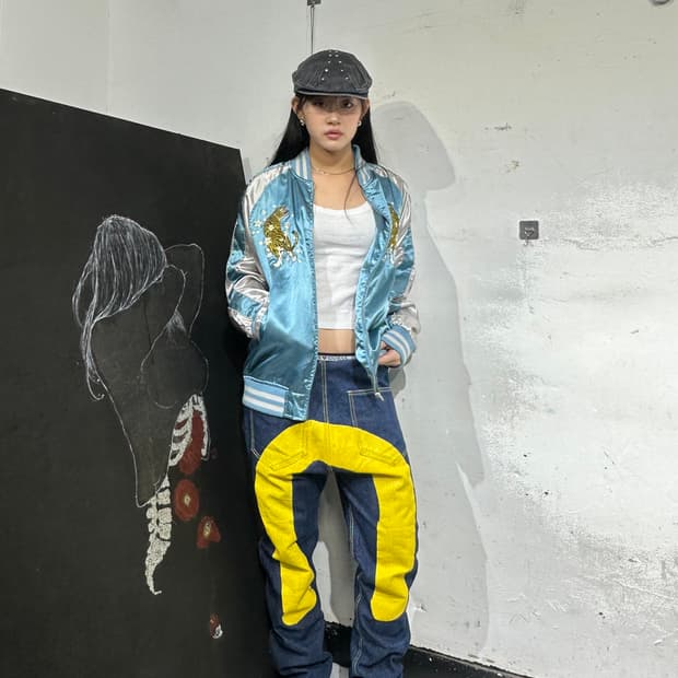 Jpn 일본빈티지 오리엔탈 호랑이 자수 스카잔 XL