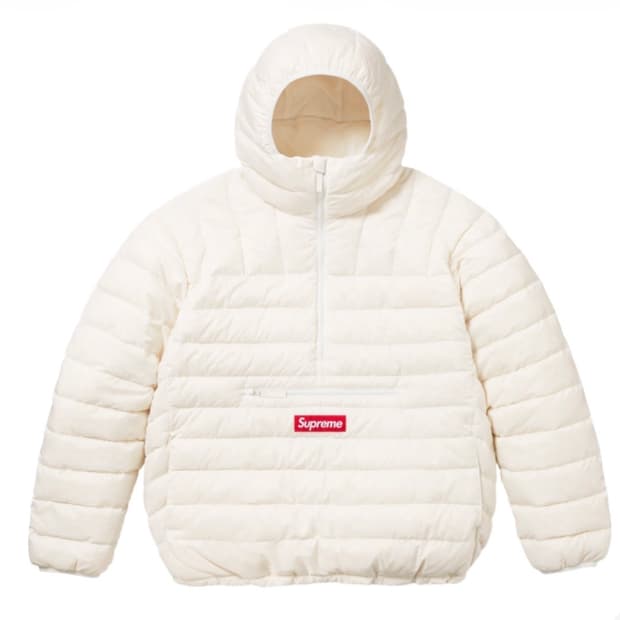 (M) 슈프림 마이크로다운 하프 집 후드 풀오버 화이트 23FW 경량패딩