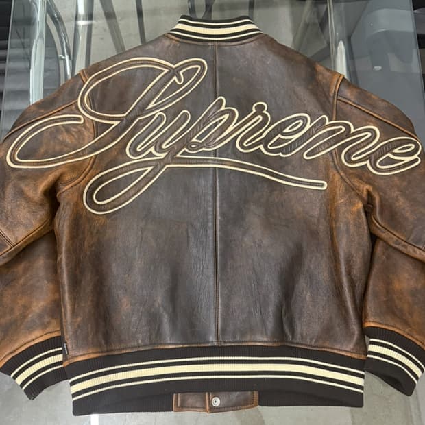 Supreme worn leather varsity jacket