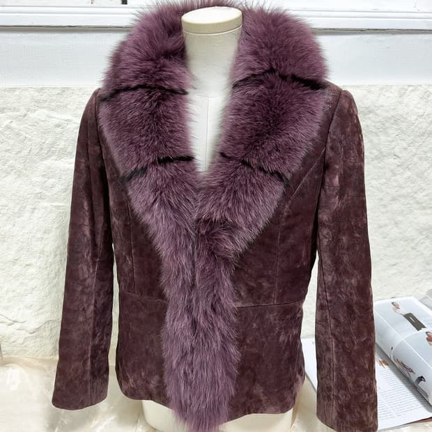 빈티지 다크 보라 큰 폭스퍼 칼라 벨벳 자켓