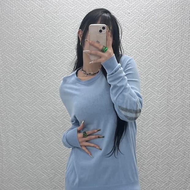 버버리 빈티지 여리 폭닥 체크 엘보패치 연하늘 울 니트 M C08130