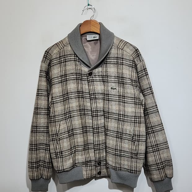 (100) 라코스테 숄카라 블루종 점퍼 체크 모직자켓 