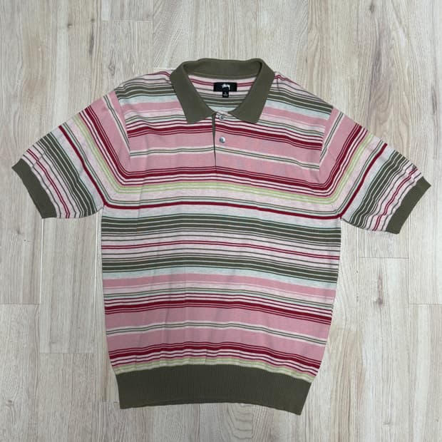 스투시 스트라이프 니트 올리브 L