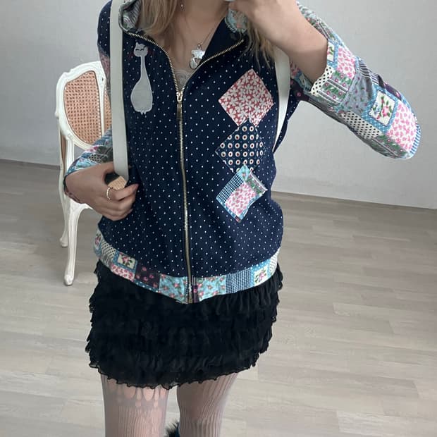 dot patchwork meow hood zip-up