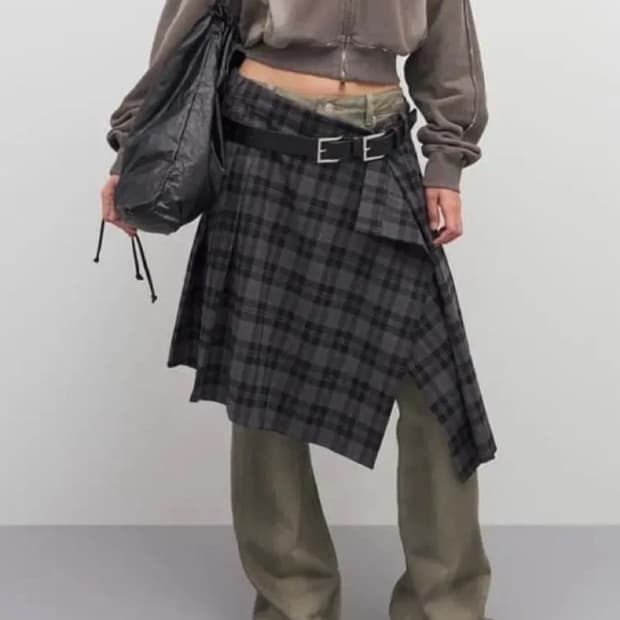 lcdc tm 체크 플리츠 미디 스커트