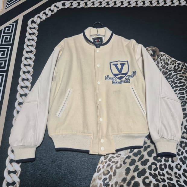 90's VAN JAC 반작 클래식 울 레더 바시티 자켓 L 화이트