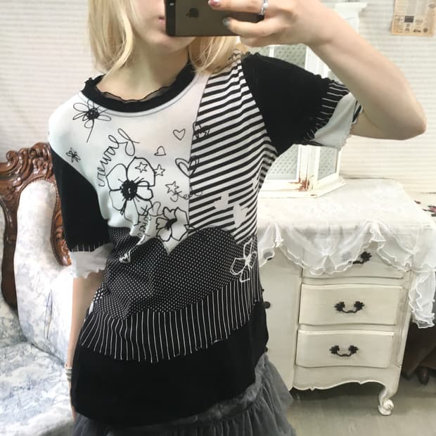 일본빈티지 도트 스트라이프 괴짜 프린팅 블라우스