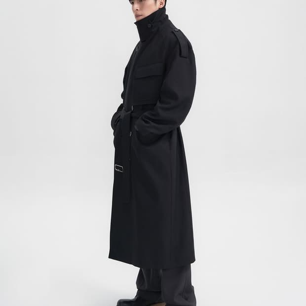 인사일런스 SASAKI 더블 포켓 트렌치 코트 BLACK